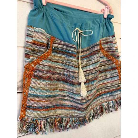 Tory Burch Striped Woven Mini Skirt Teal Silk Trim Tassels Fringe 51111304 Sz 10 - Picture 2 of 7